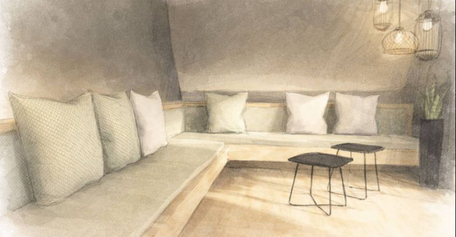 Begegnungsraum mit Sitzbank im Leinsweiler Hof