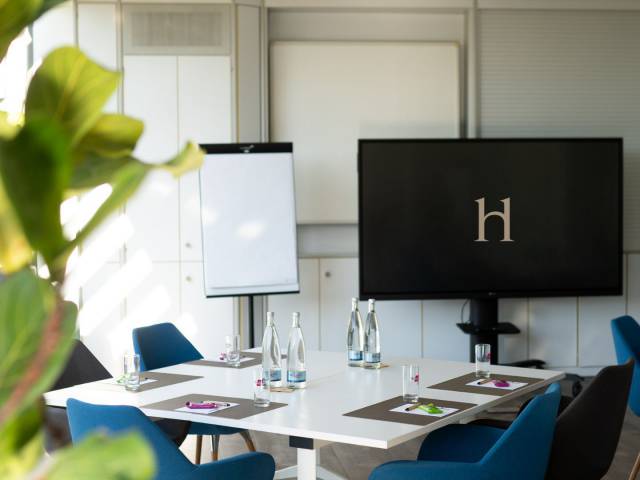 Tagungsraum Anebos im Leinsweiler Hof mit Blocktisch, Präsentationsscreen und optimalen Bedingungen für kreatives Arbeiten in der Südpfalz.