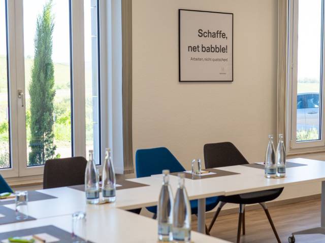 Neucastell Conference Room at Leinsweiler Hof, featuring U-shaped seating and a view of the historic Slevogthof in the Southern Palatinate.