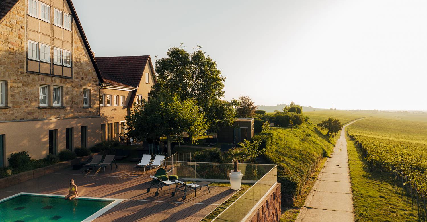 Leinsweilerhof Pool mit Blick auf Weinreben