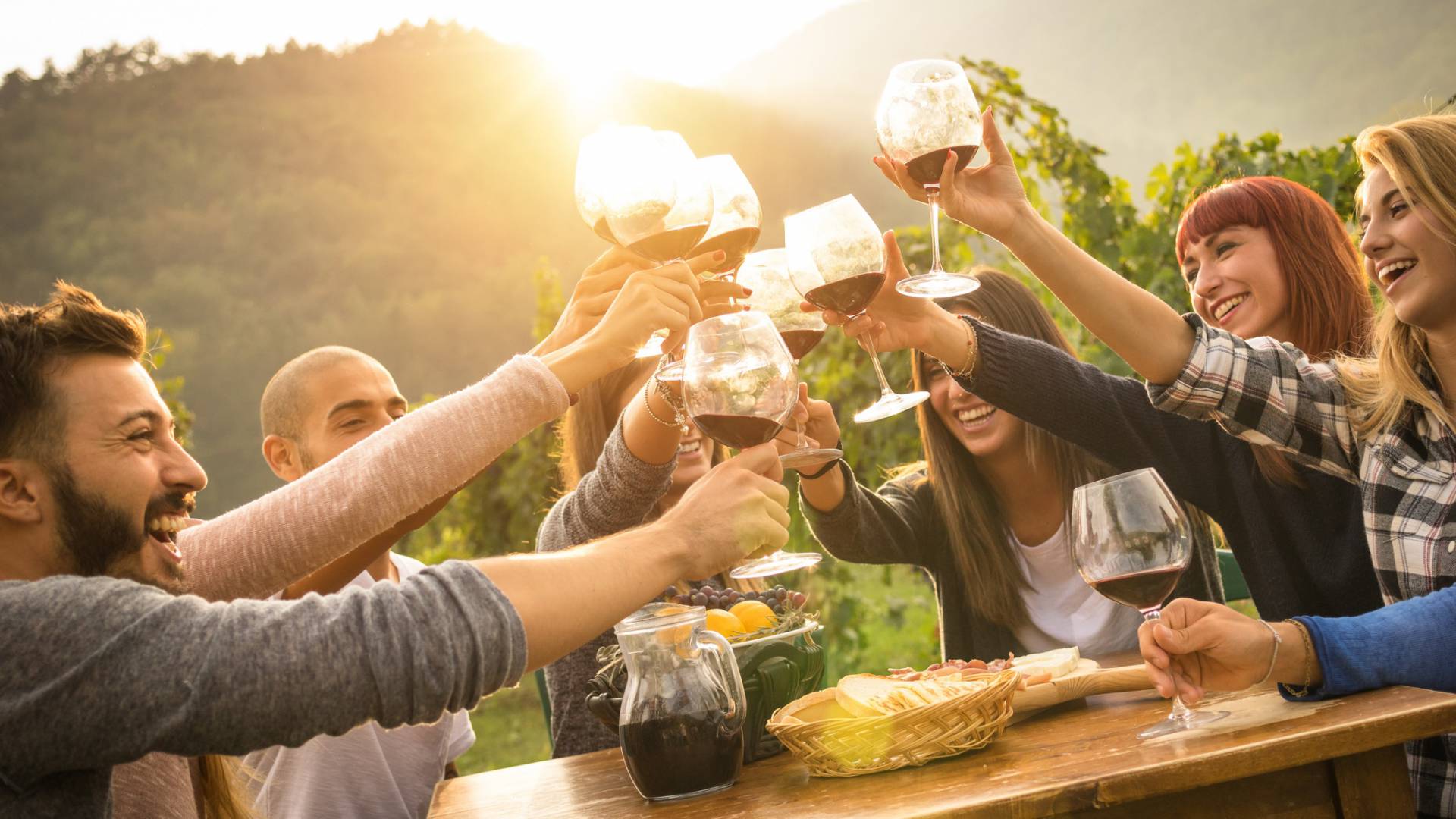 Freunde mit Wein beim Anstoßen