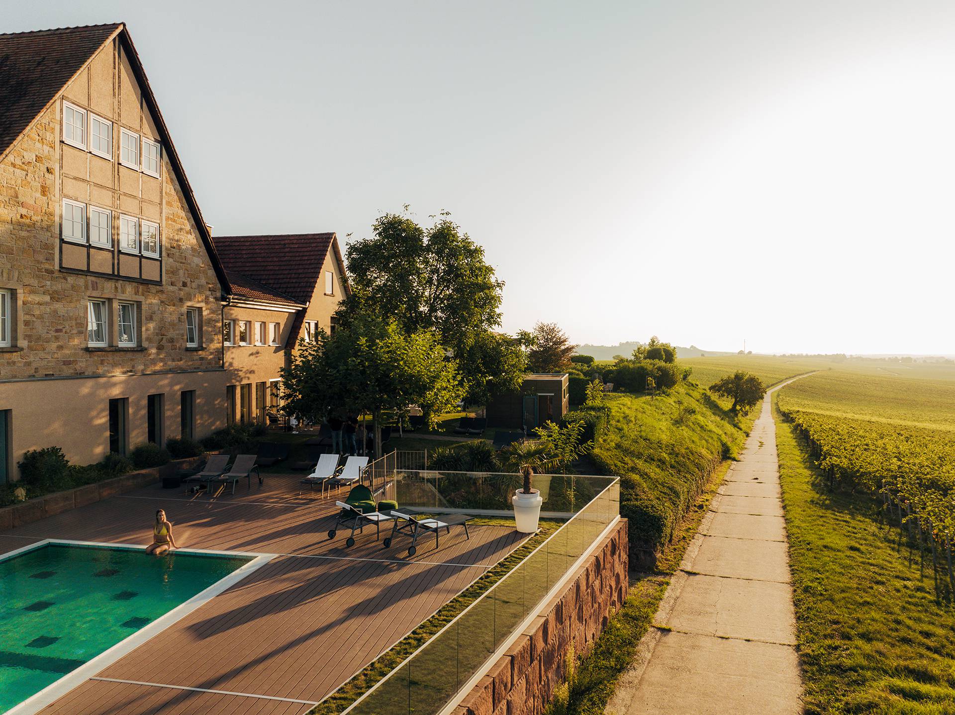 Leinsweilerhof Pool mit Blick auf Weinreben